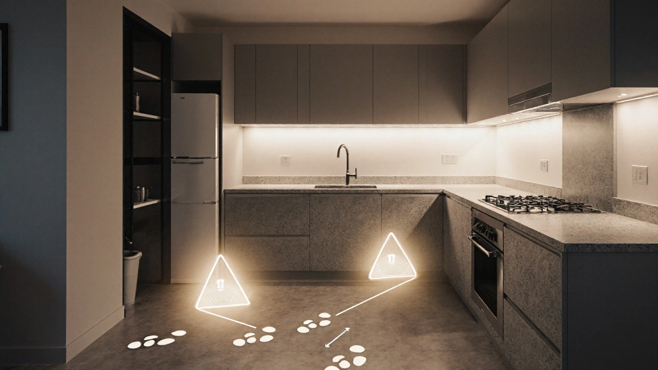 Динамичная схема кухонного треугольника с подсвеченными точками и следами шагов между холодильником, раковиной и плитой.