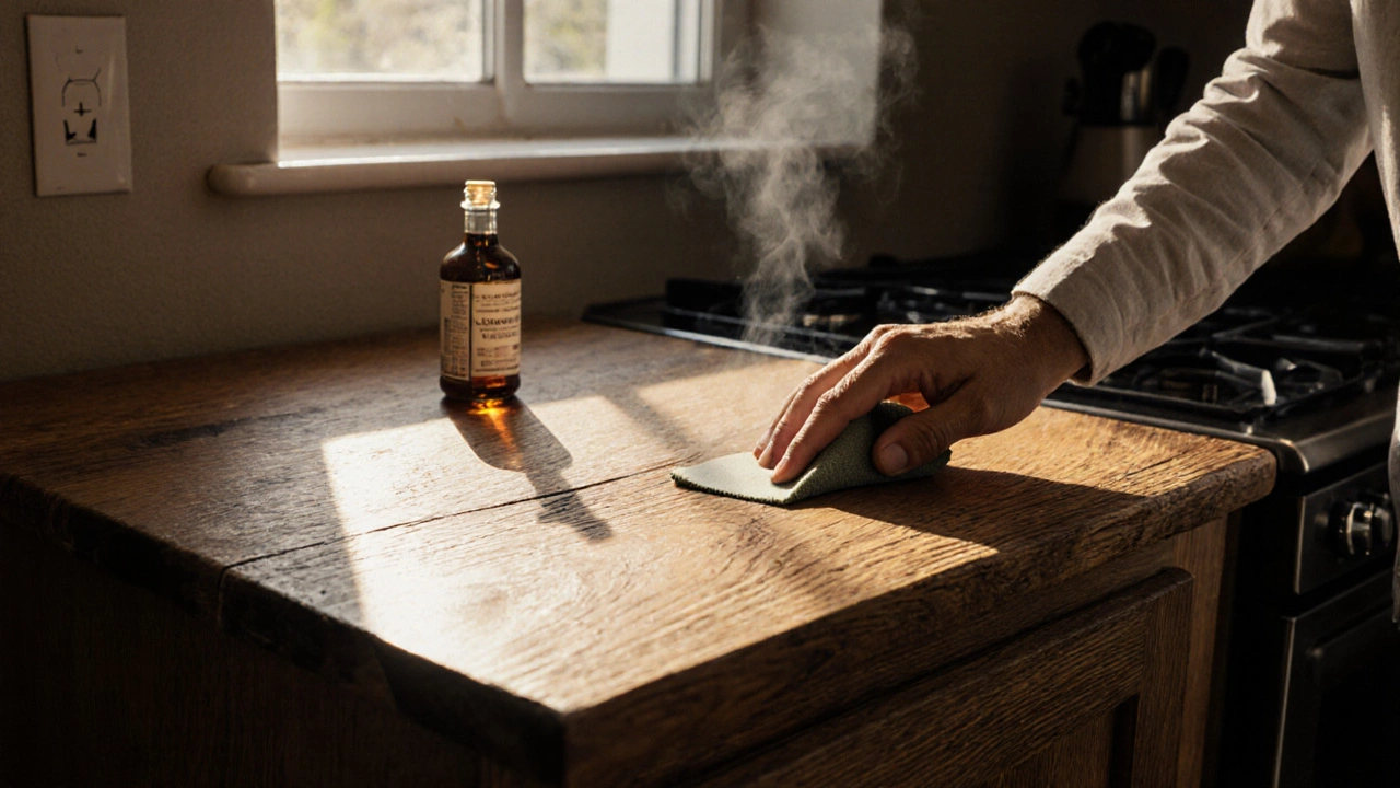 Дубовый фасад с масляной пропиткой, человек аккуратно шлифует царапину.