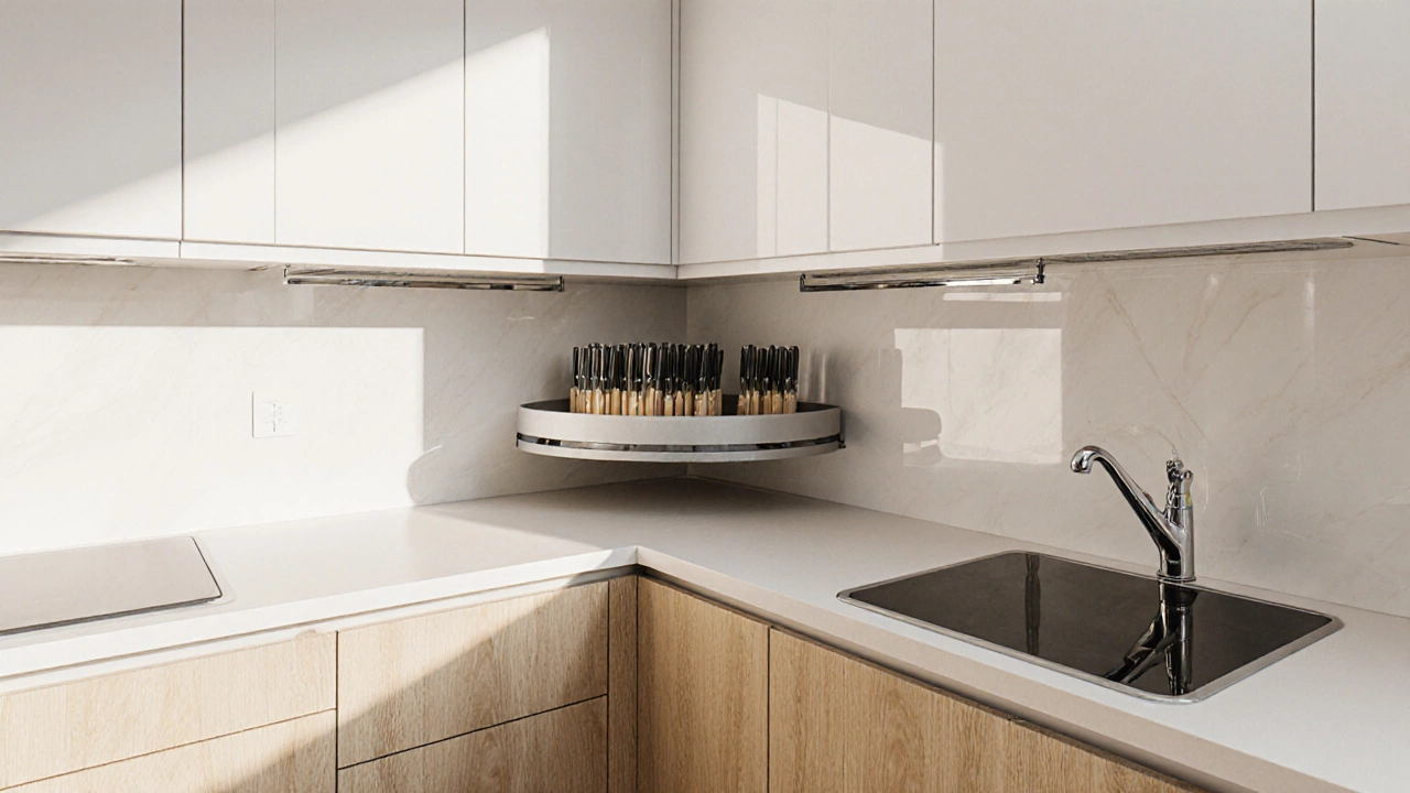 Компактная кухня с вращающейся полкой и телескопическими выдвижными системами в углу.