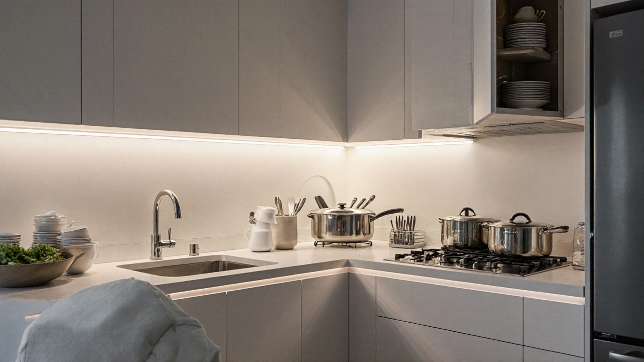 Рабочая зона кухни, разделённая на четыре функциональные зоны с подсветкой и выдвижными ящиками, без лишних предметов.