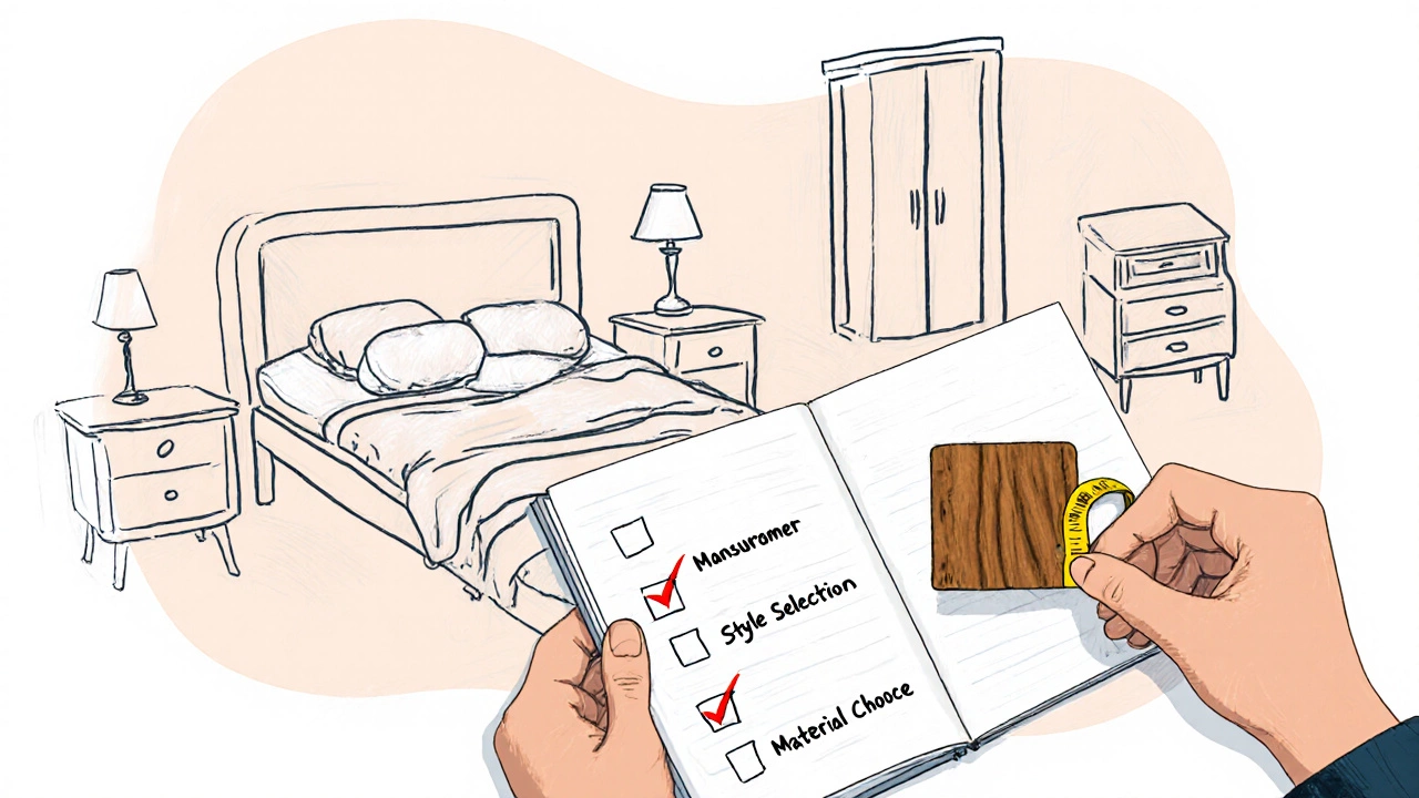 Сцена подготовки к покупке: измерительная лента, образцы материалов и человек, просматривающий план спальни.