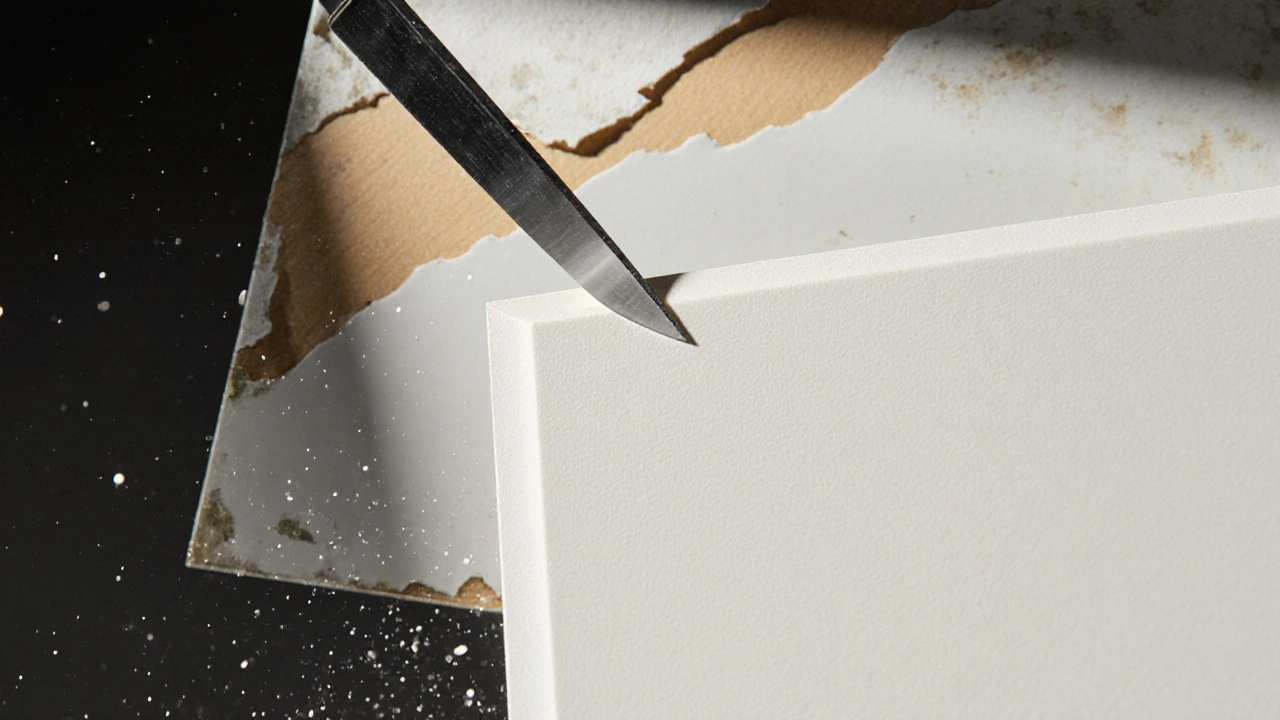 Сравнение прочного HPL-покрытия и отслаивающегося ПВХ на кухонном фасаде.