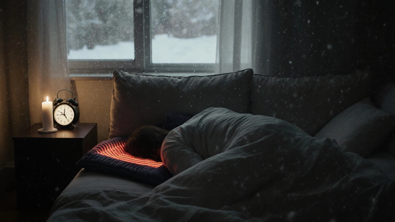 Человек лежит на провалившемся диване, спина искривлена, за окном снег — ночью в Краснодаре.