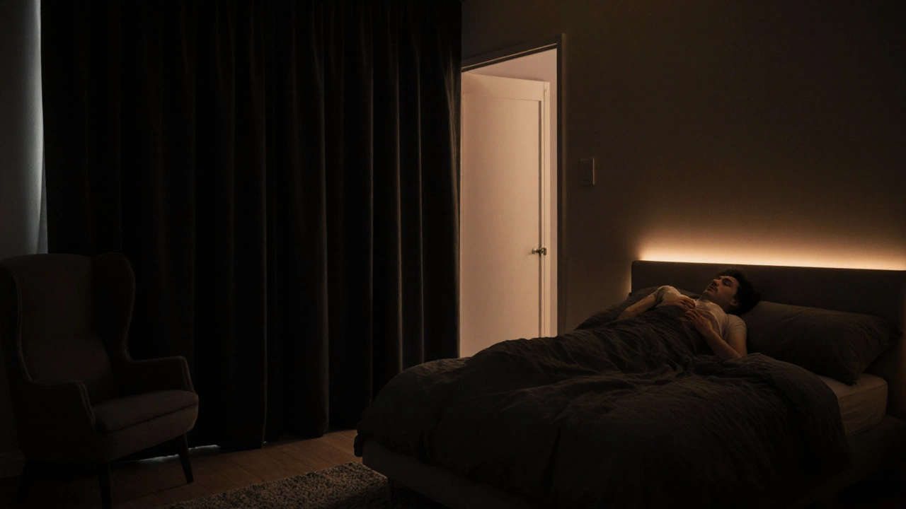 Человек лежит с закрытыми глазами, дверь прикрыта плотной шторой, у изголовья — теплый свет, а на полу — барьеры из мебели.