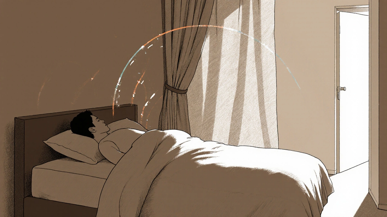 Человек спит спиной к стене, видит дверь под углом, между ними — легкая штора, создавая ощущение защищенности.