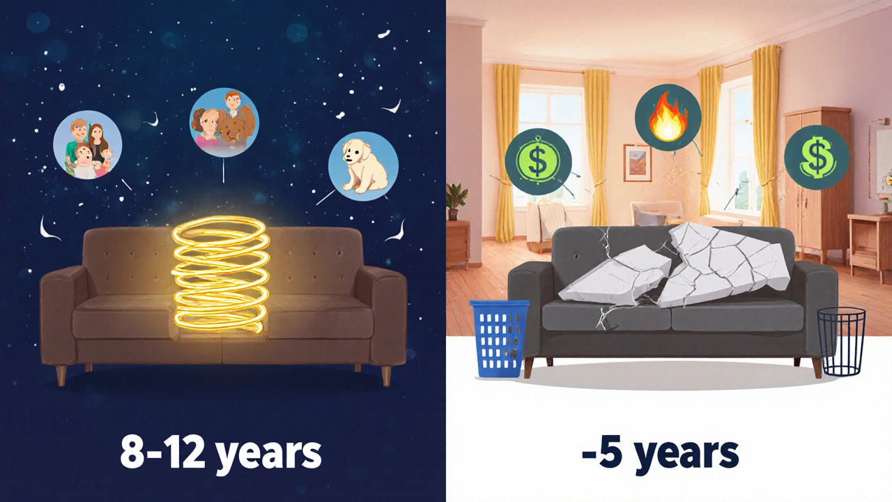 Контраст: прочный диван с пружинами на долгие годы и разваливающийся диван без пружин с символами расходов.