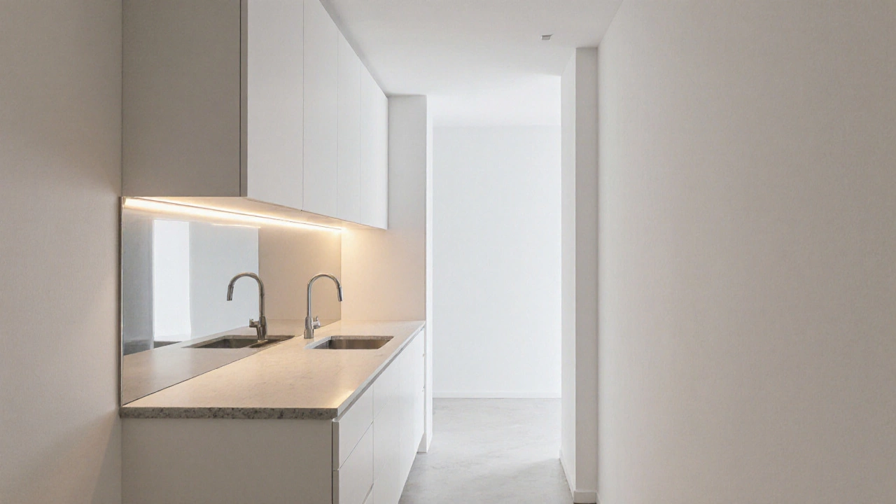 Кухня с потолочными шкафами, сливающимися со стенами, создавая ощущение высокого и просторного интерьера.