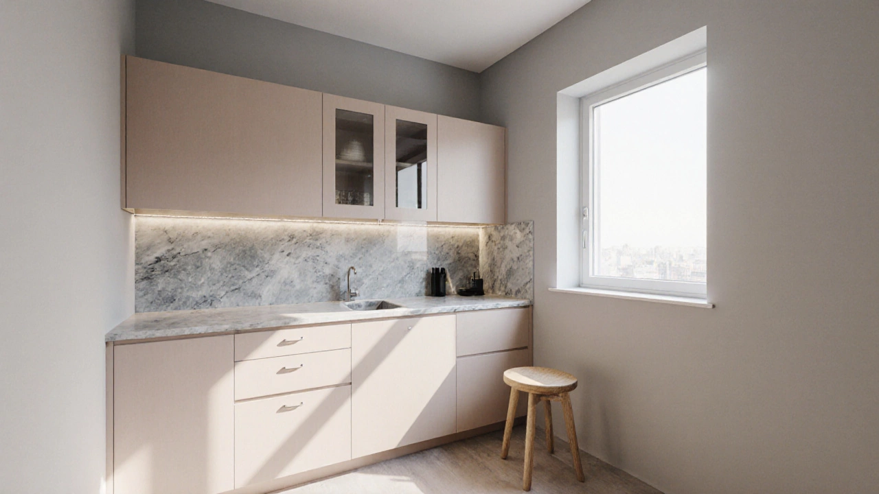 Кухня в пастельных тонах: бежевые фасады сливаются со светло-серыми стенами, мягкий утренний свет и белый потолок.