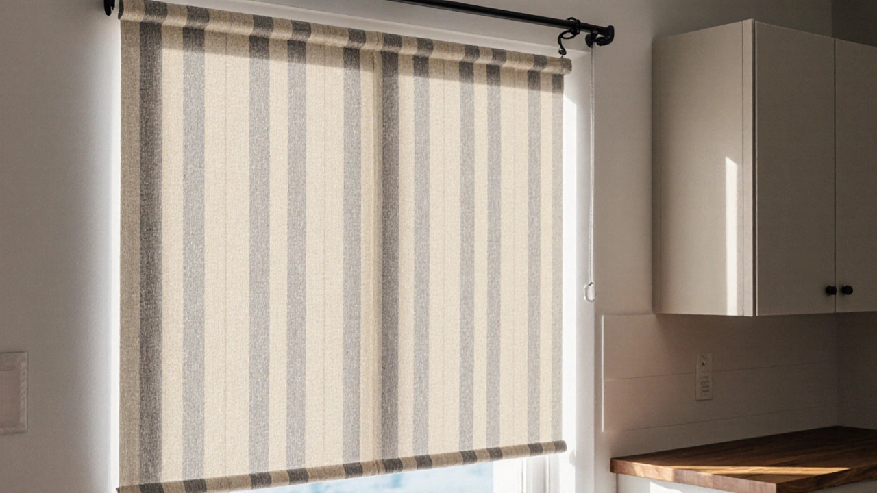 Кухонные шторы с тонкой вертикальной полоской в бежевом и сером, на матовом черном карнизе, минимализм и практичность.