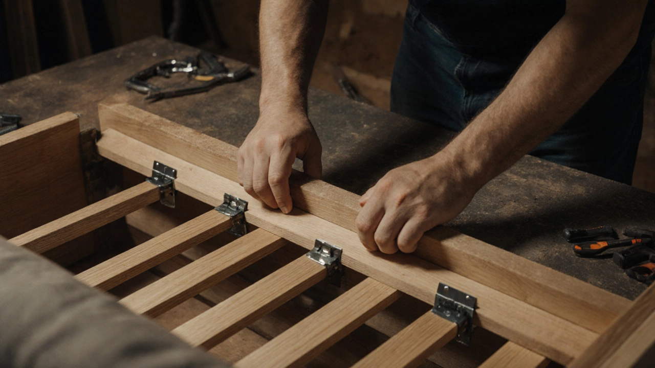 Мастер устанавливает деревянные ламели с металлическими креплениями в каркас дивана.