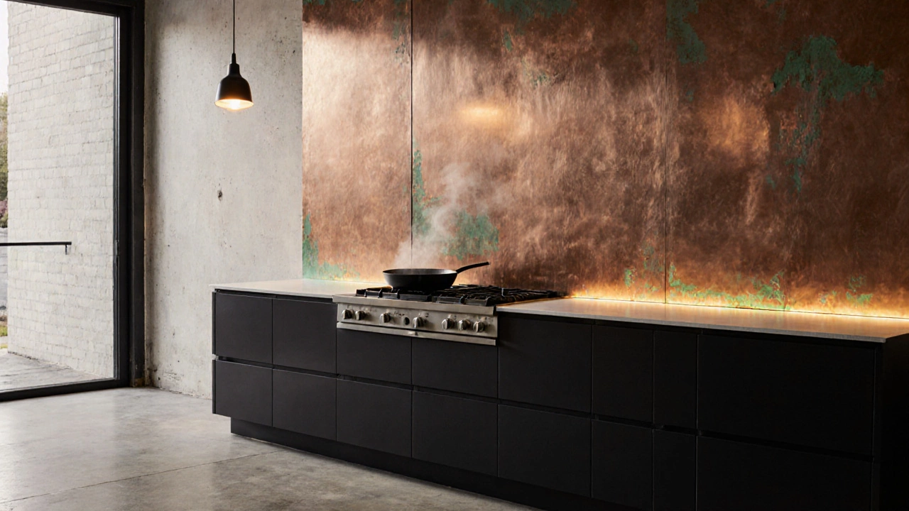 Медная панель на стене за плитой с естественной патиной в индустриальном стиле.