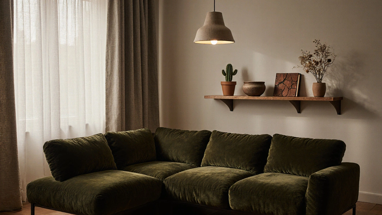 Полка с личными вещами на фоне дивана из флокового материала, с пространством между предметами.