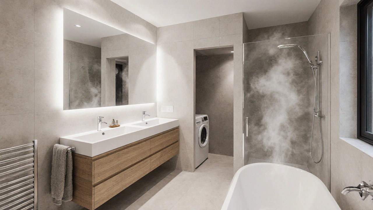 Просторная ванная с двойной раковиной, стиральной машиной с зазором и полотенцесушителем у раковины, без мебели у ванны.