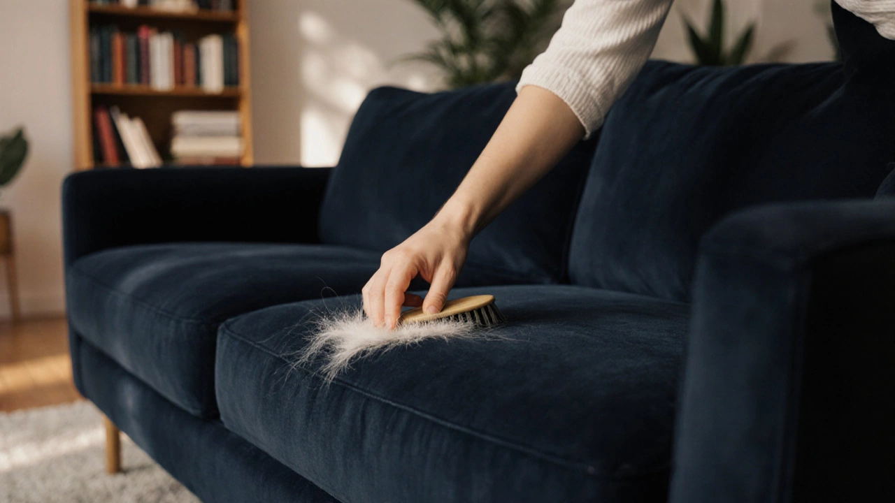 Рука сдувает шерсть с темно-синего дивана в уютной гостиной