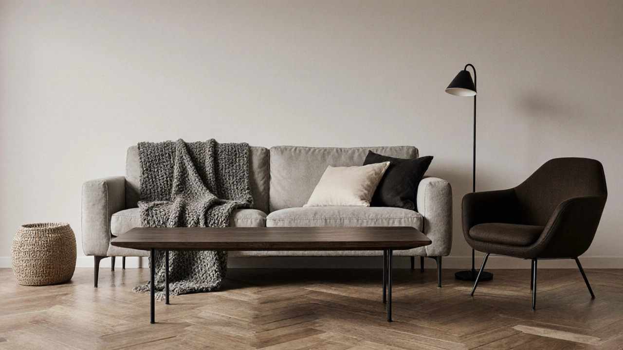 Современная гостиная с сочетанием мебели в нейтральных тонах и единой стилистикой ножек.