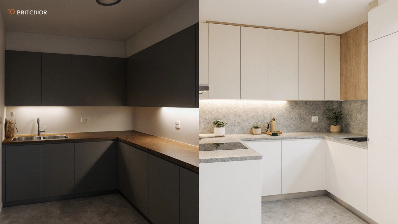 Сравнение тёмной и светлой кухни: до и после изменения цветов, визуальное расширение пространства.