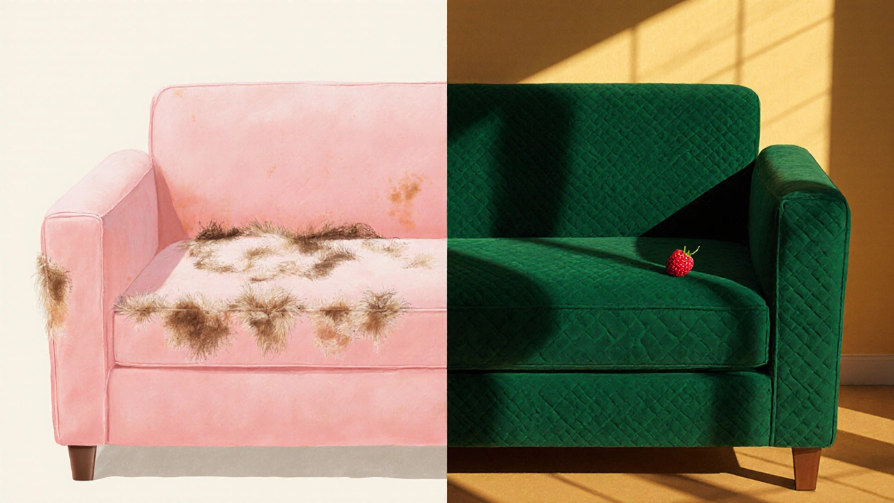 Сравнение выцветшего розового дивана и насыщенного изумрудного дивана
