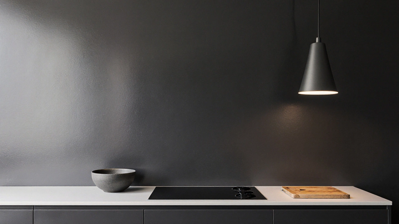 Стена покрашена матовой кухонной эмалью глубокого черного цвета без швов.