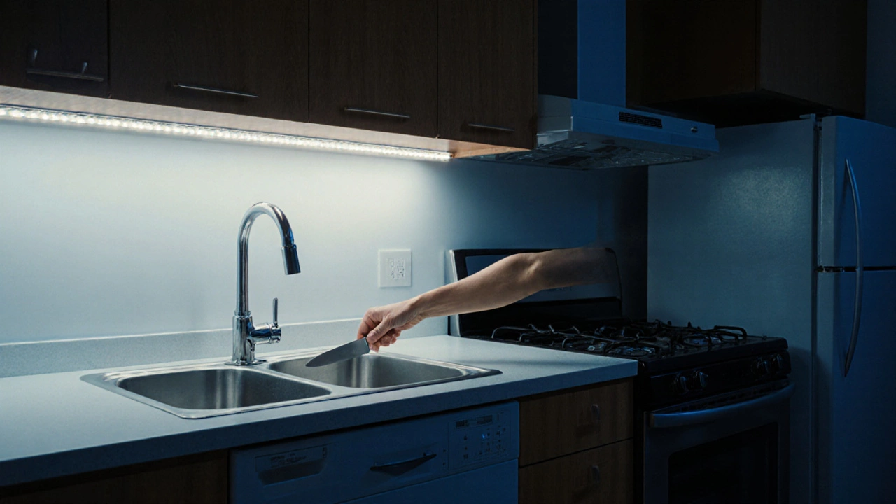 Трёхуровневое освещение кухни: подсветка под шкафами, над рабочей зоной и общее освещение.