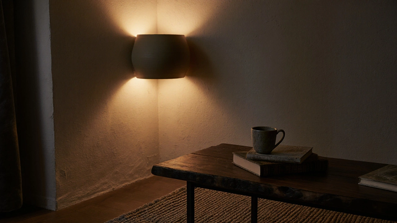 Угол гостиной с деревянным столом на металлических ножках, керамической вазой и мягким освещением.