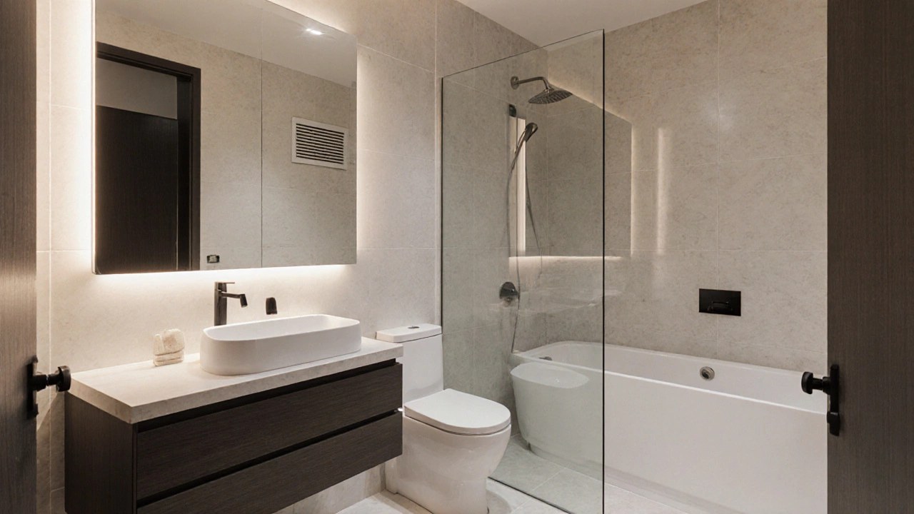 Ванная 4-5 кв. м с ванной напротив унитаза, раковиной у двери и стеклянной перегородкой душа, без полотенец над унитазом.