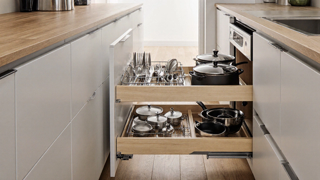 Выдвижные ящики на уровне пояса с посудой и кухонной утварью, организованные для удобства.