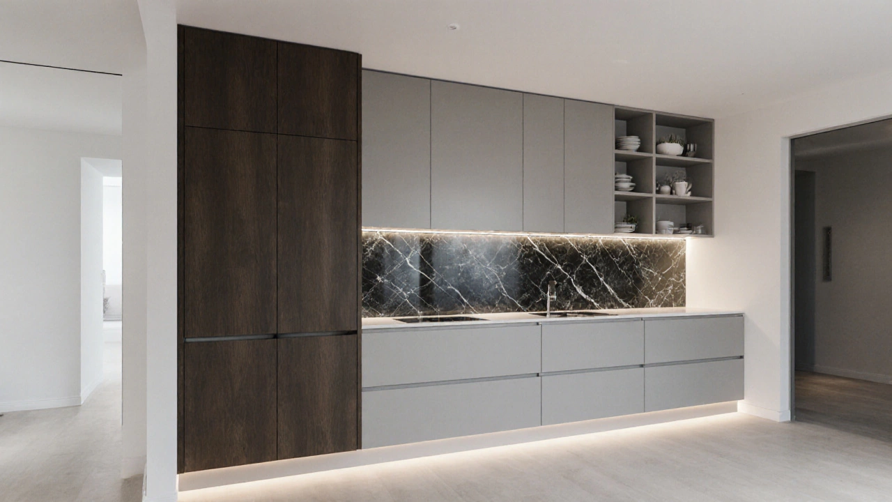 Зеркальный фасад шкафа и подсветка в маленькой кухне визуально удваивают пространство при нейтральном освещении.