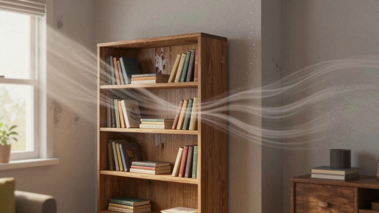 Книжная полка отстоит от стены на 7 см, за ней видны капли конденсата и потоки воздуха, поднимающиеся вдоль стены.