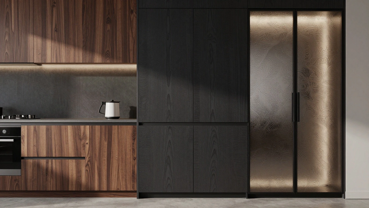 Контраст фасадов: тёмное дерево, матовый МДФ с лазерной гравировкой и матовое стекло с металлическим узором.