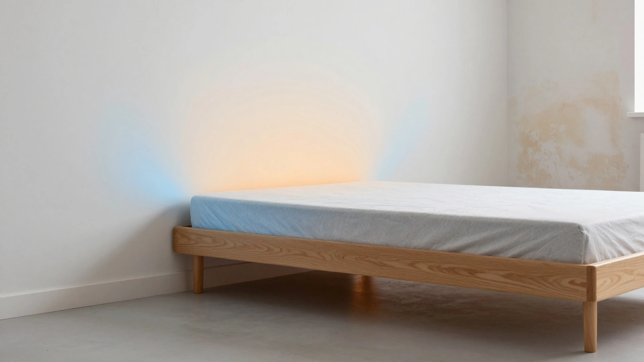 Кровать с поднятыми ножками стоит на расстоянии от стены, тепловые волны показывают циркуляцию воздуха под матрасом.