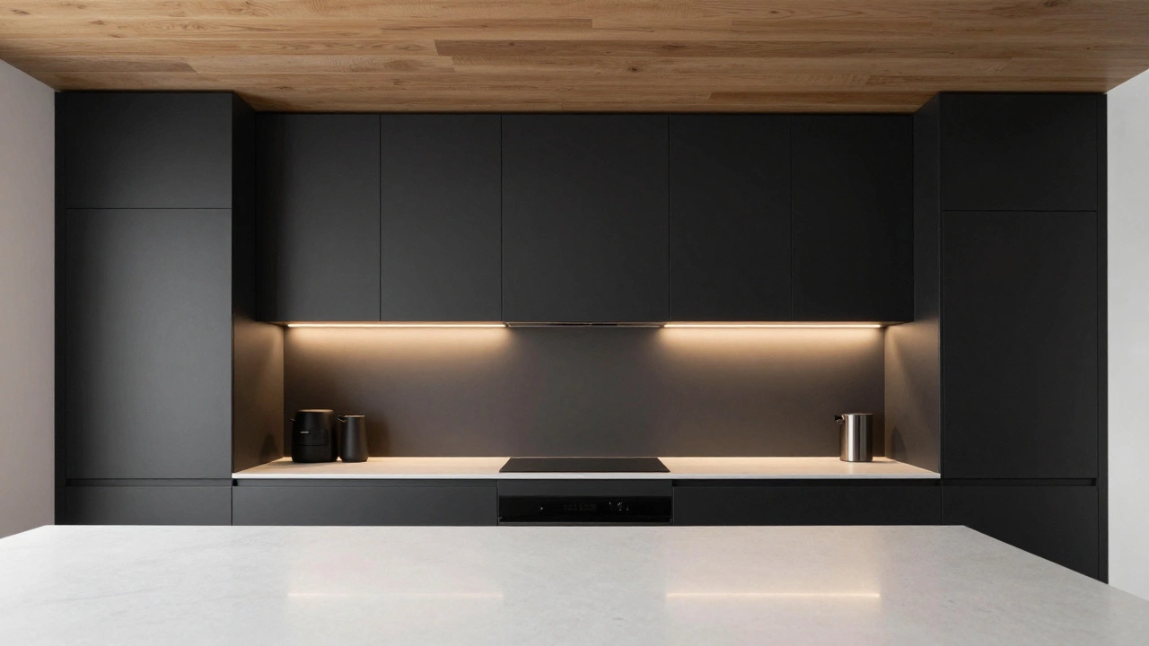 Минималистичная чёрная кухня с деревянным потолком и белой столешницей, тёплый свет подчёркивает текстуру.