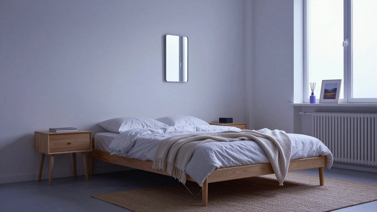 Минималистичная спальня без техники, с низкой кроватью, ковром из джута и аромадиффузором.