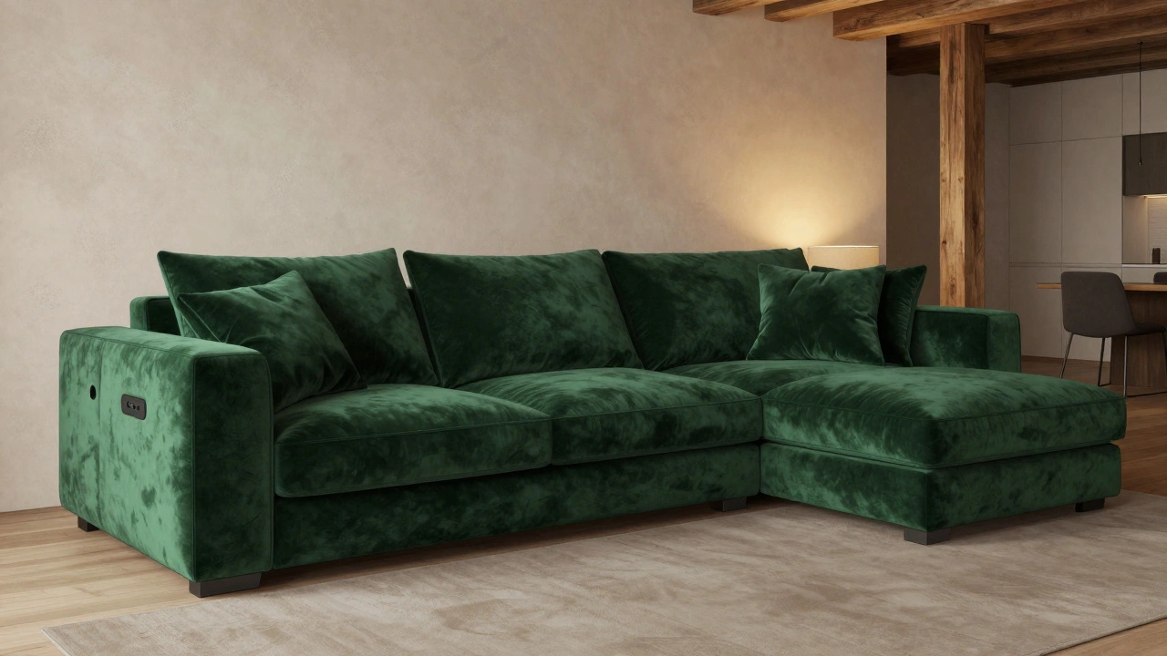 Модульный диван темно-зеленого вельвета с встроенными зарядными портами и деревянными элементами в уютной гостиной.