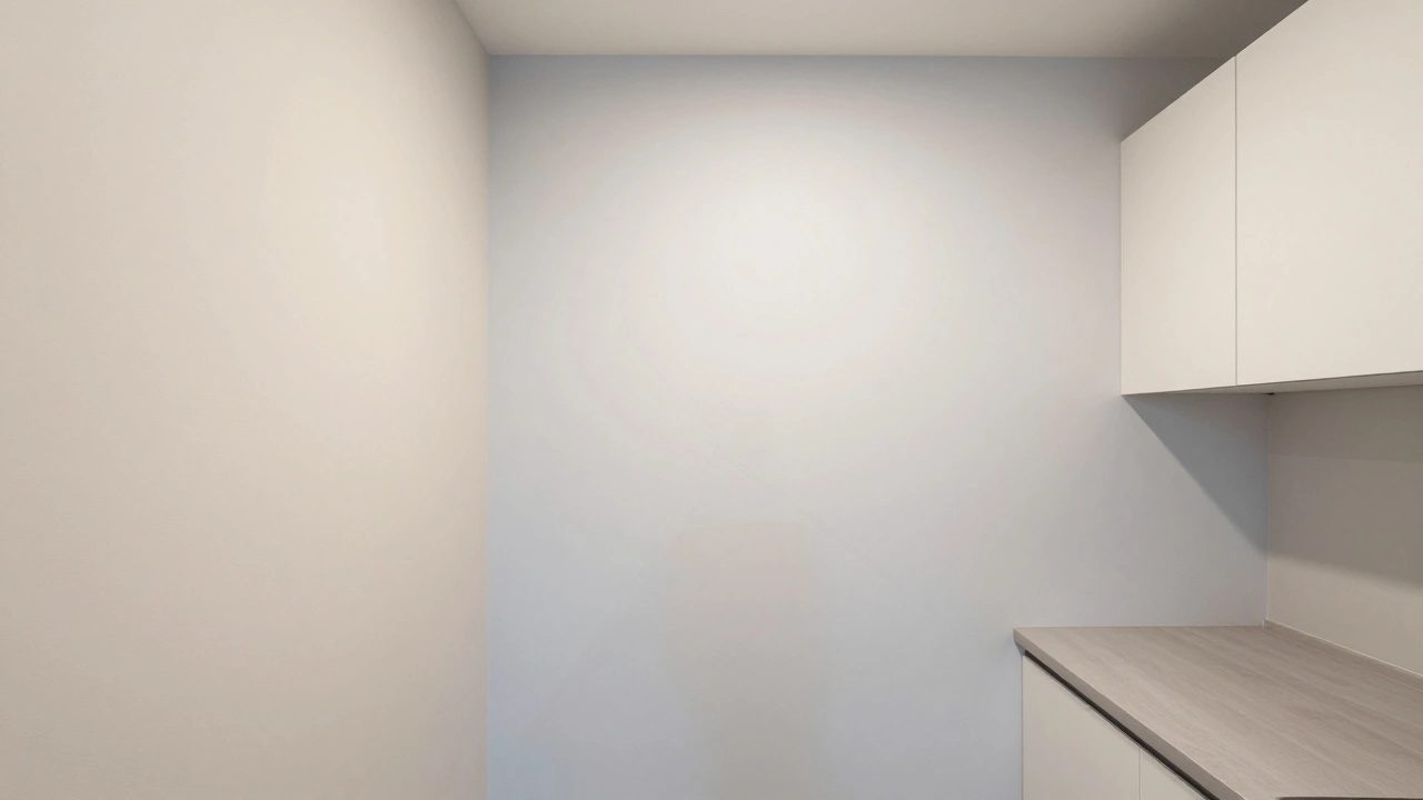 Одна стена кухни с едва заметным перспективным узором в пастельных тонах, создающим иллюзию глубины.