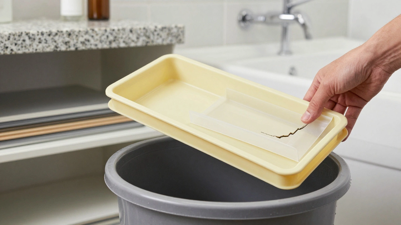 Рука заменяет хрупкий пластик на прочную ABS-полку, другие материалы видны на фоне.