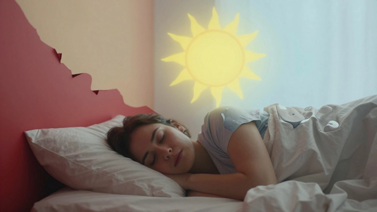 Символическое изображение перехода от тревожных цветов к спокойным оттенкам в спальне.