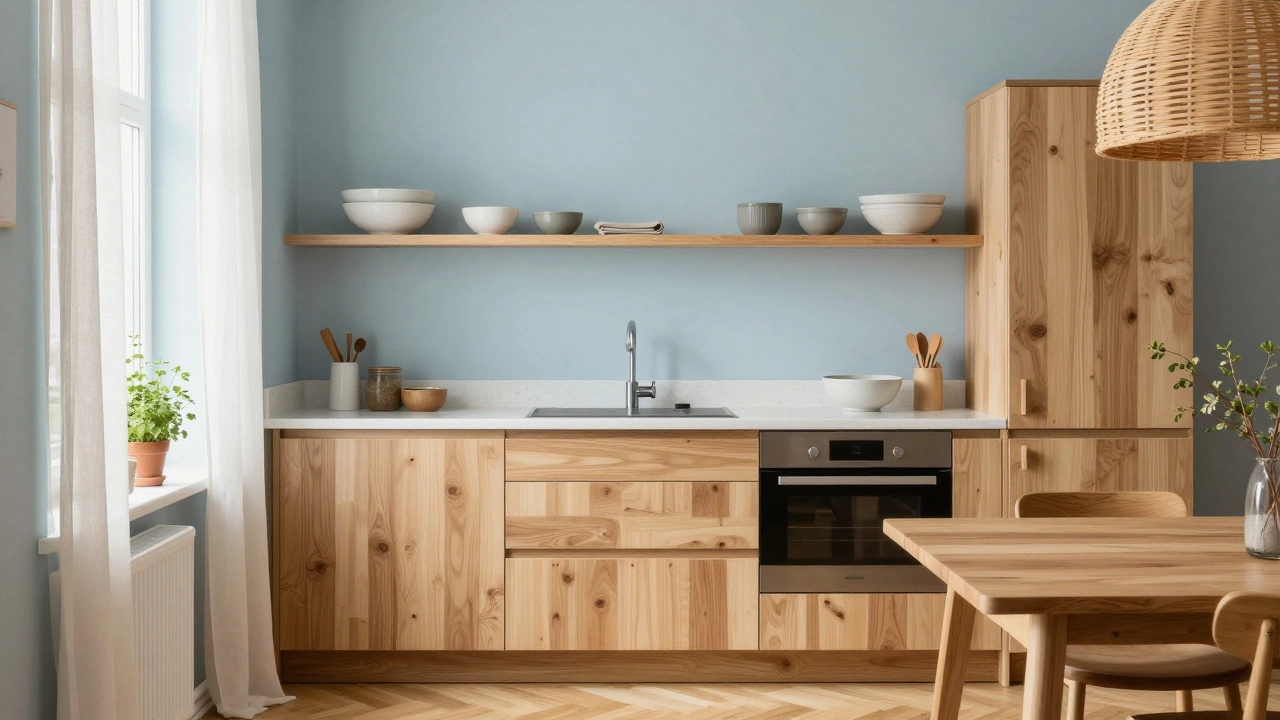 Скандинавская кухня со светлым деревом, пастельными стенами и натуральными текстурами, наполненная солнечным светом.