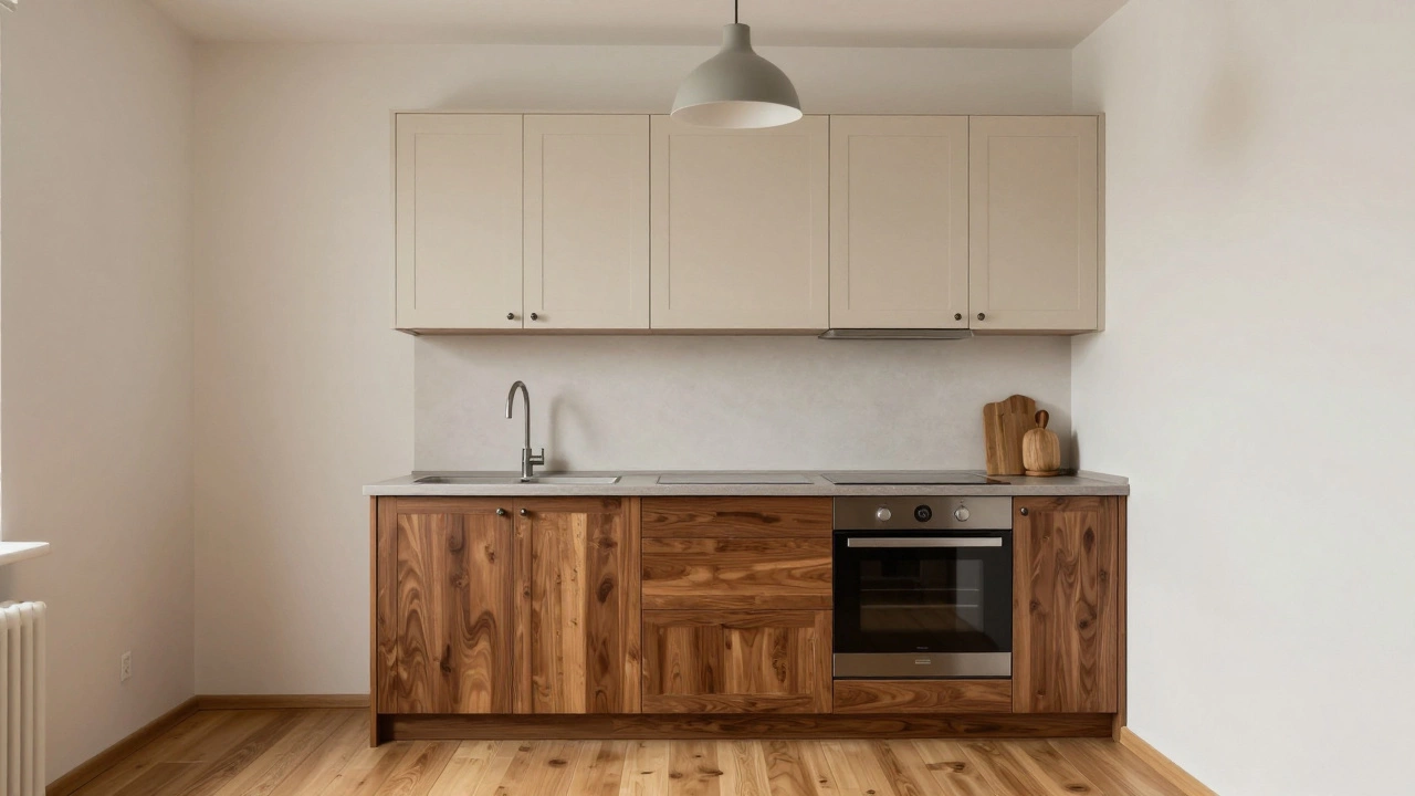 Сочетание светлых верхних и темных нижних шкафов на маленькой кухне с деревянным полом и матовым освещением.