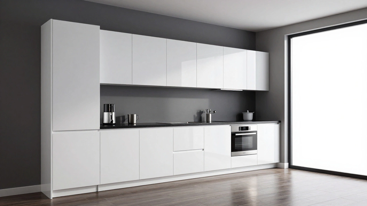 Современная кухня с глянцевыми белыми фасадами, встроенной техникой и тёмным полом в минималистичном стиле.