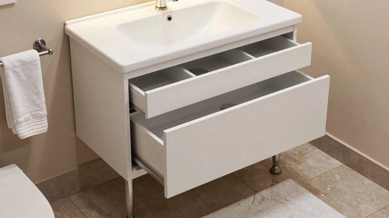 Современная тумба с выдвижными ящиками, регулируемыми ножками и резиновым ковриком под ней.