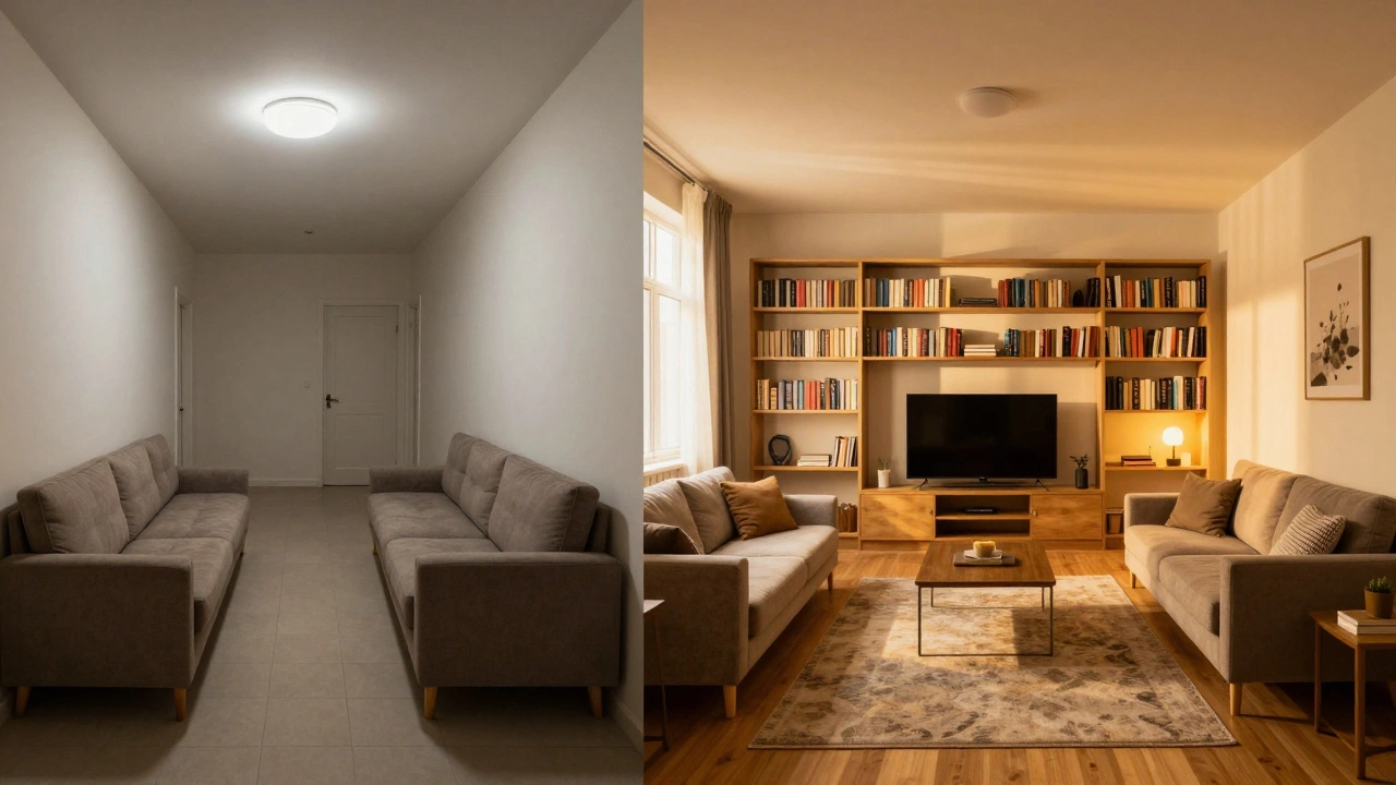 Сравнение: до — диваны вдоль стен и один светильник; после — диагональная расстановка, два фокуса и многоуровневое освещение.