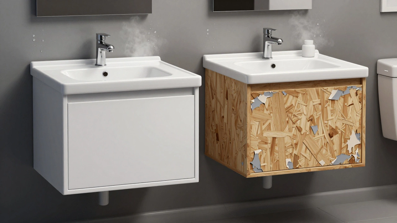 Сравнение двух тумб: одна из влагостойкого МДФ, другая — из ДСП с отслаивающейся поверхностью.