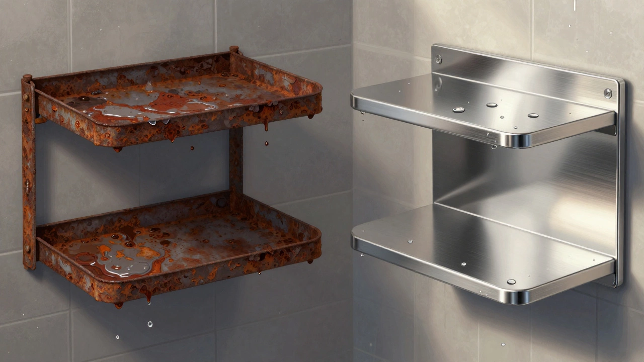 Сравнение: ржавая металлическая полка и полка из нержавеющей стали 316L в ванной.
