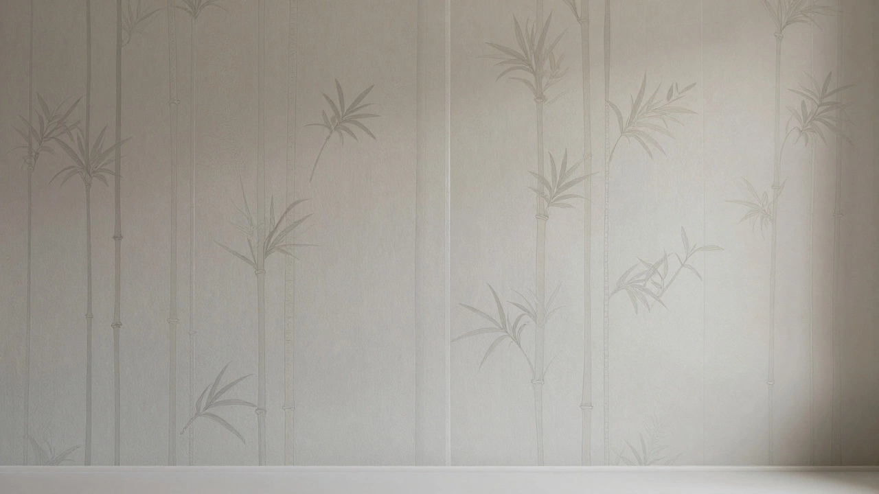 Стена кухни с текстурными обоями, имитирующими бамбуковые рейки, идущими от пола до потолка под мягким светом.