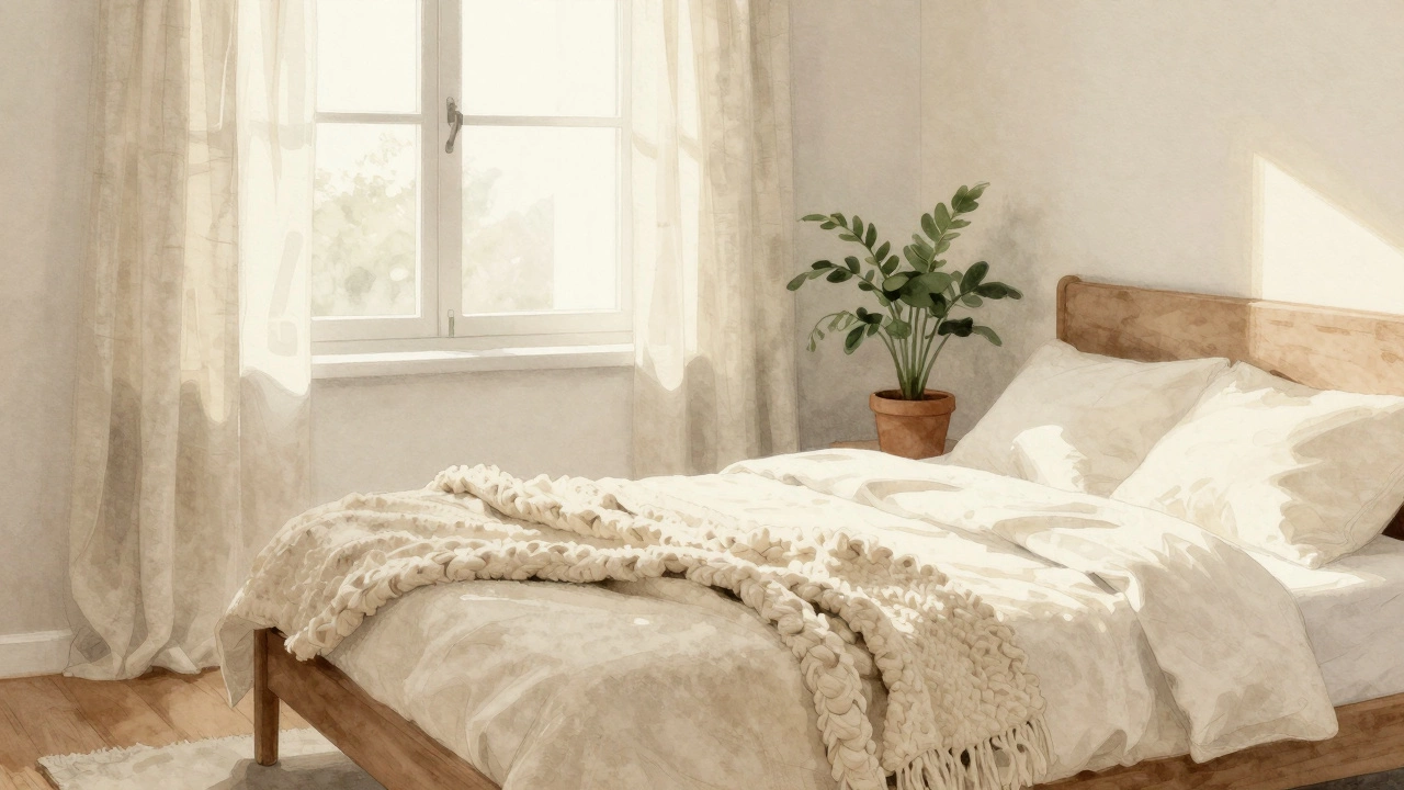 Уютная спальня в тёплых бежевых и пастельно-зелёных тонах с мягким утренним светом.