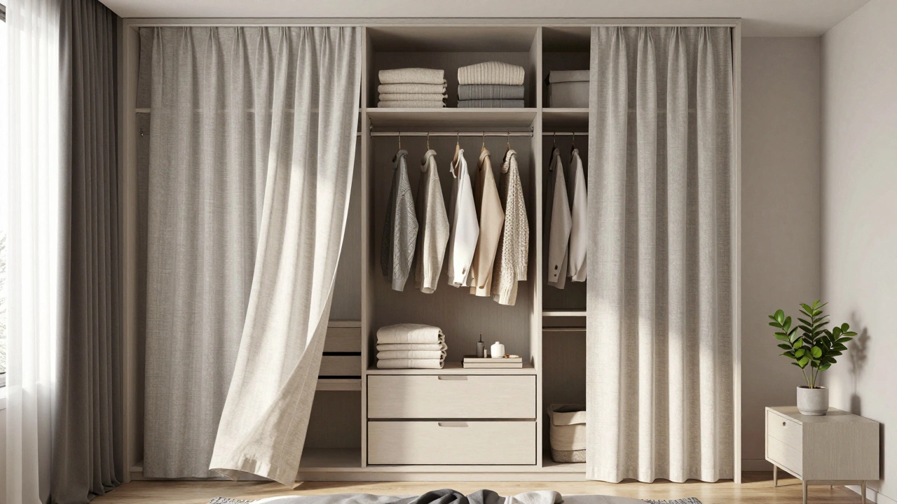 Встроенный шкаф с зонами хранения, лёгкими шторами и растением замиокулькас в спальне.
