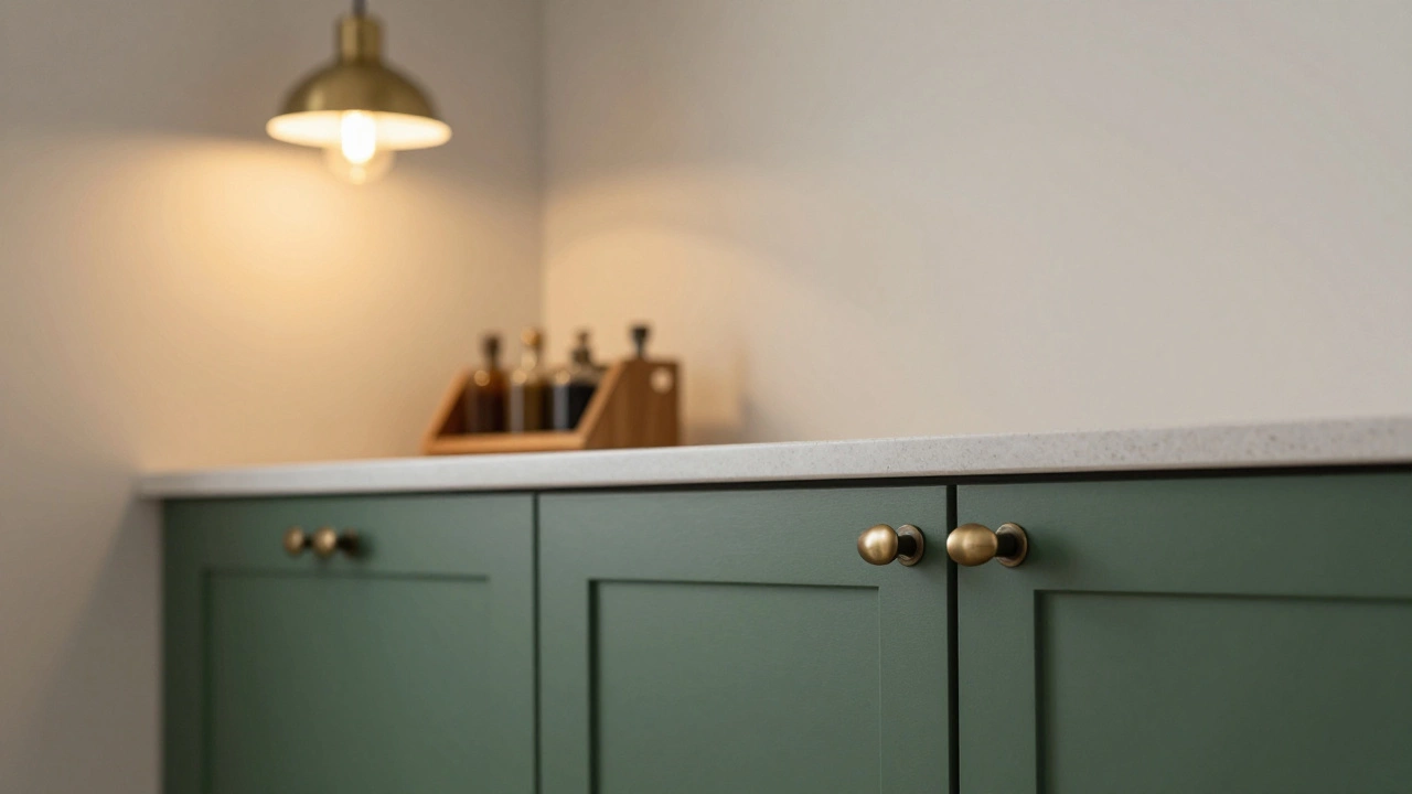 Замена ручек на бронзовые на тёмно-зелёных фасадах с деревянной полочкой и тёплым светом.