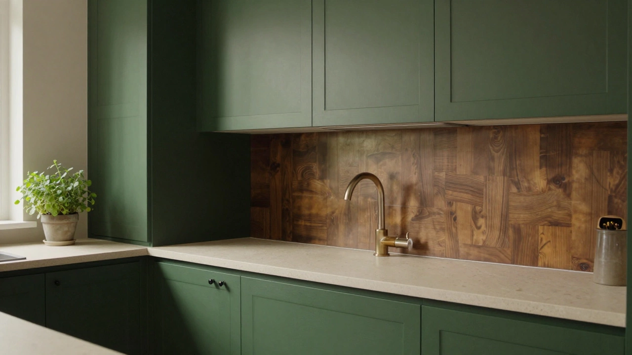 Зеленые кухонные шкафы цвета мха с кремовой столешницей и бронзовым фартуком, освещенные мягким утренним светом.