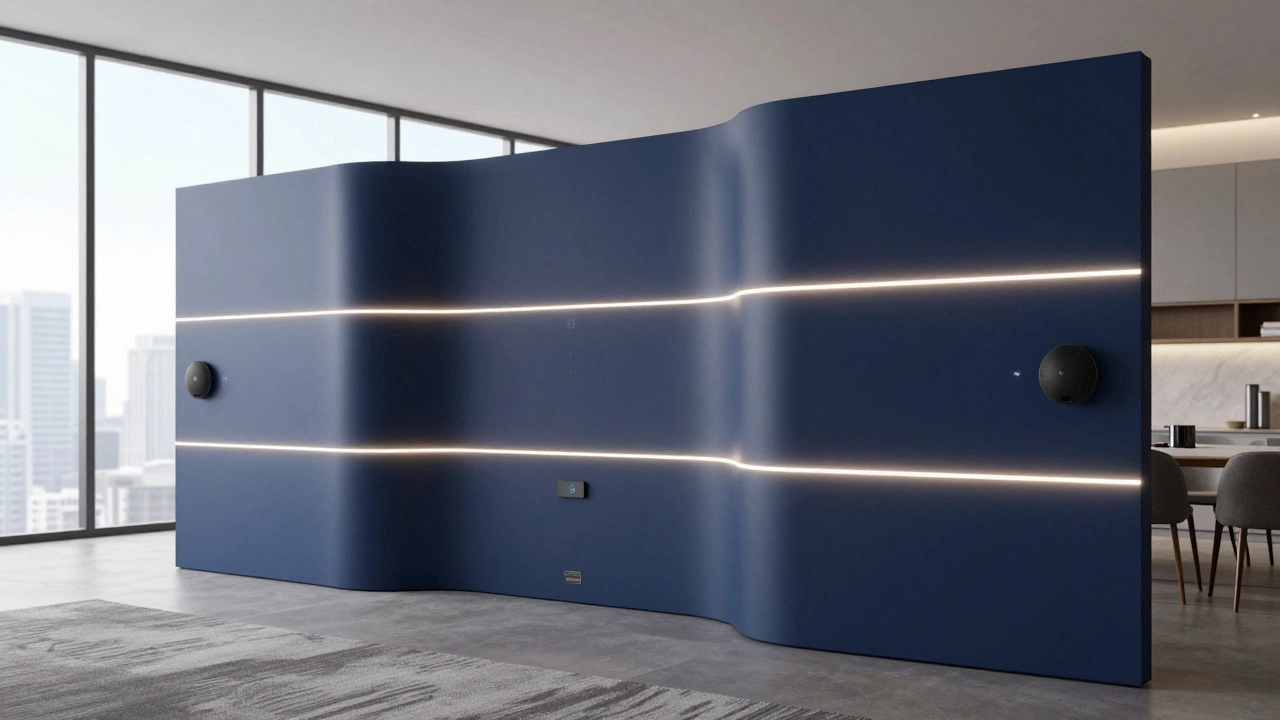 Футуристическая стенка-перегородка с волнистыми формами, подсветкой и встроенными технологиями, разделяющая зоны гостиной.