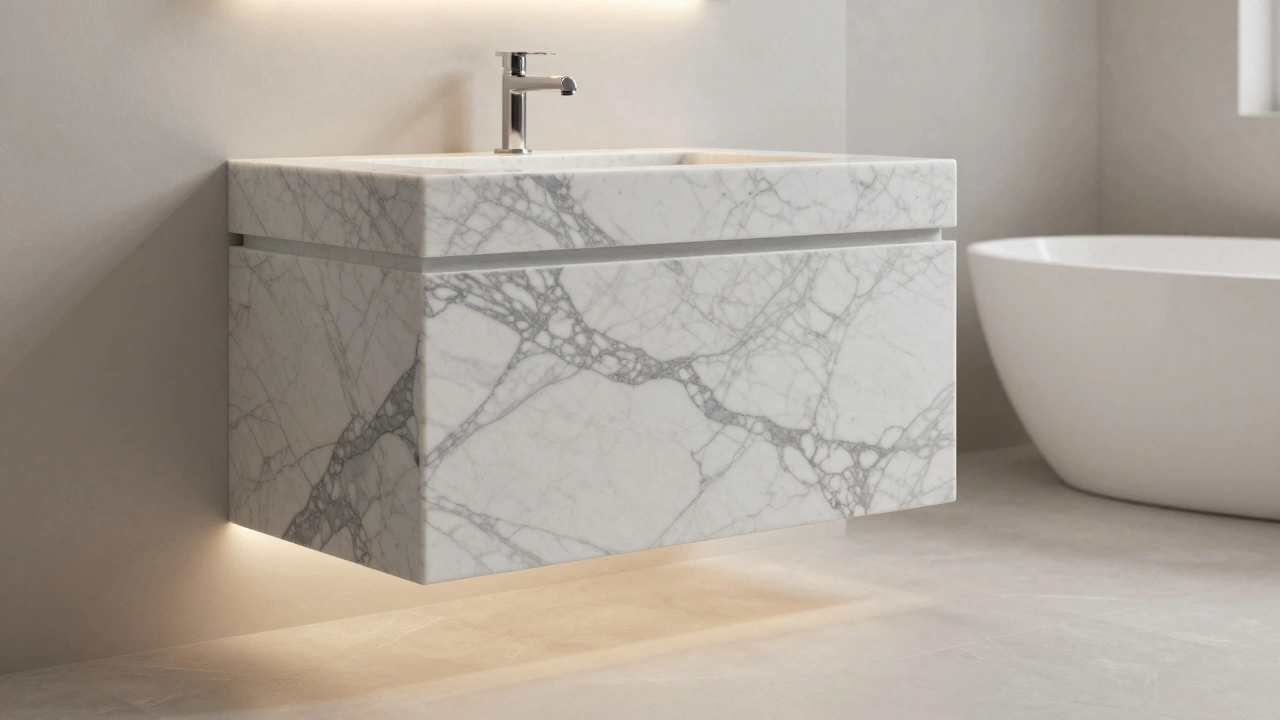 Короб для труб, облицованный искусственным мрамором, с подсветкой и эффектом парящей конструкции.